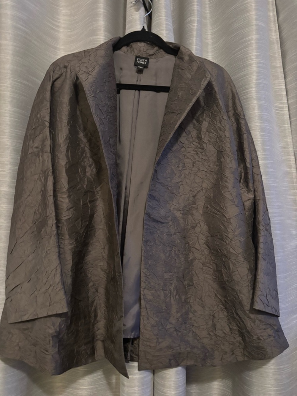 Eileen Fisher Crinkled Open-Front Silk Jacket Taupe Gray Lined Minimalist Large